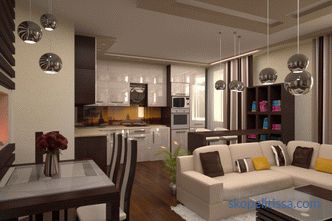 Konyha kialakítása étkezővel és nappalival egy magánházban: a tervezési ötletek fényképe